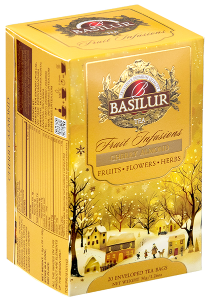 Herbata Basilur Cherry Almond widok z boku – eleganckie złote pudełko z opisem składu i wartości odżywczych.