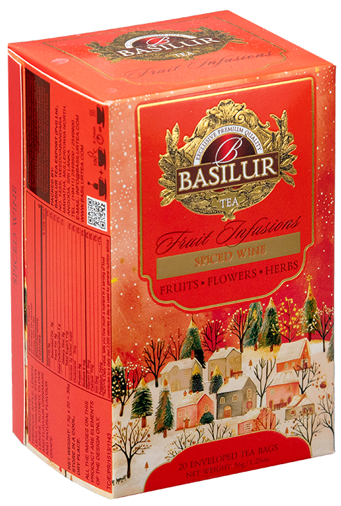 Herbata Basilur Spiced Wine w czerwonym opakowaniu z zimowym motywem – owocowa herbata z przyprawami korzennymi.
