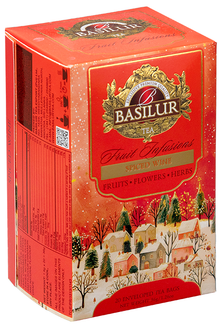 Herbata Basilur Spiced Wine w czerwonym opakowaniu z zimowym motywem – owocowa herbata z przyprawami korzennymi.