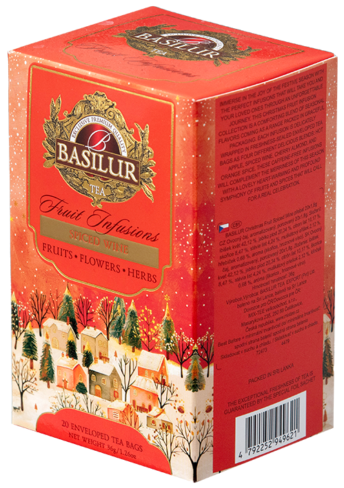 Bok opakowania herbaty Basilur Spiced Wine – eleganckie pudełko z opisem produktu i informacjami o składzie.