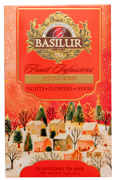 Front pudełka Basilur Spiced Wine – zimowa herbata owocowo-ziołowa o korzennym aromacie.