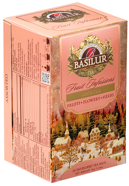 Herbata Basilur Fruit Infusions Assorted w różowym opakowaniu z zimowym motywem – zestaw czterech smaków owocowych herbat.