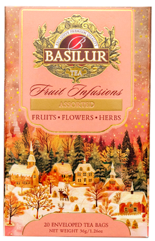 Front opakowania Basilur Fruit Infusions – świąteczny zestaw herbat owocowych i ziołowych.