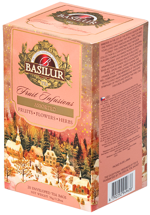 Bok pudełka Basilur Fruit Infusions – eleganckie opakowanie z informacjami o mieszankach.