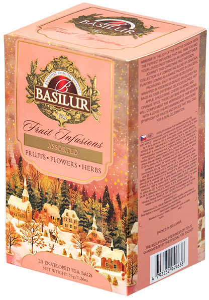 Bok pudełka Basilur Fruit Infusions – eleganckie opakowanie z informacjami o mieszankach.