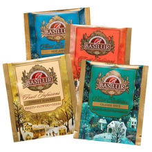 Zestaw torebek herbat Basilur Fruit Infusions – smaki Cherry Almond, Hot Apple, Spiced Wine i Orange Spice.