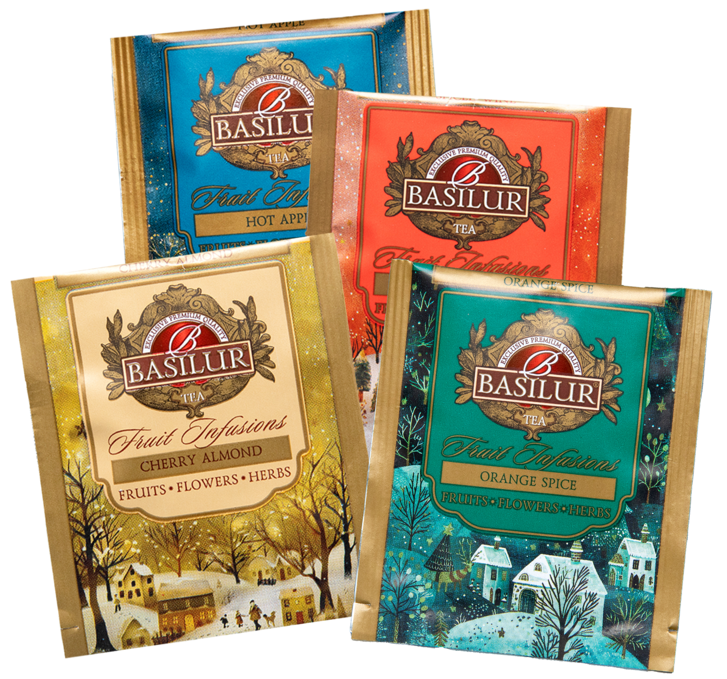 Torebki herbat Basilur Fruit Infusions – Cherry Almond, Orange Spice, Spiced Wine i Hot Apple.
