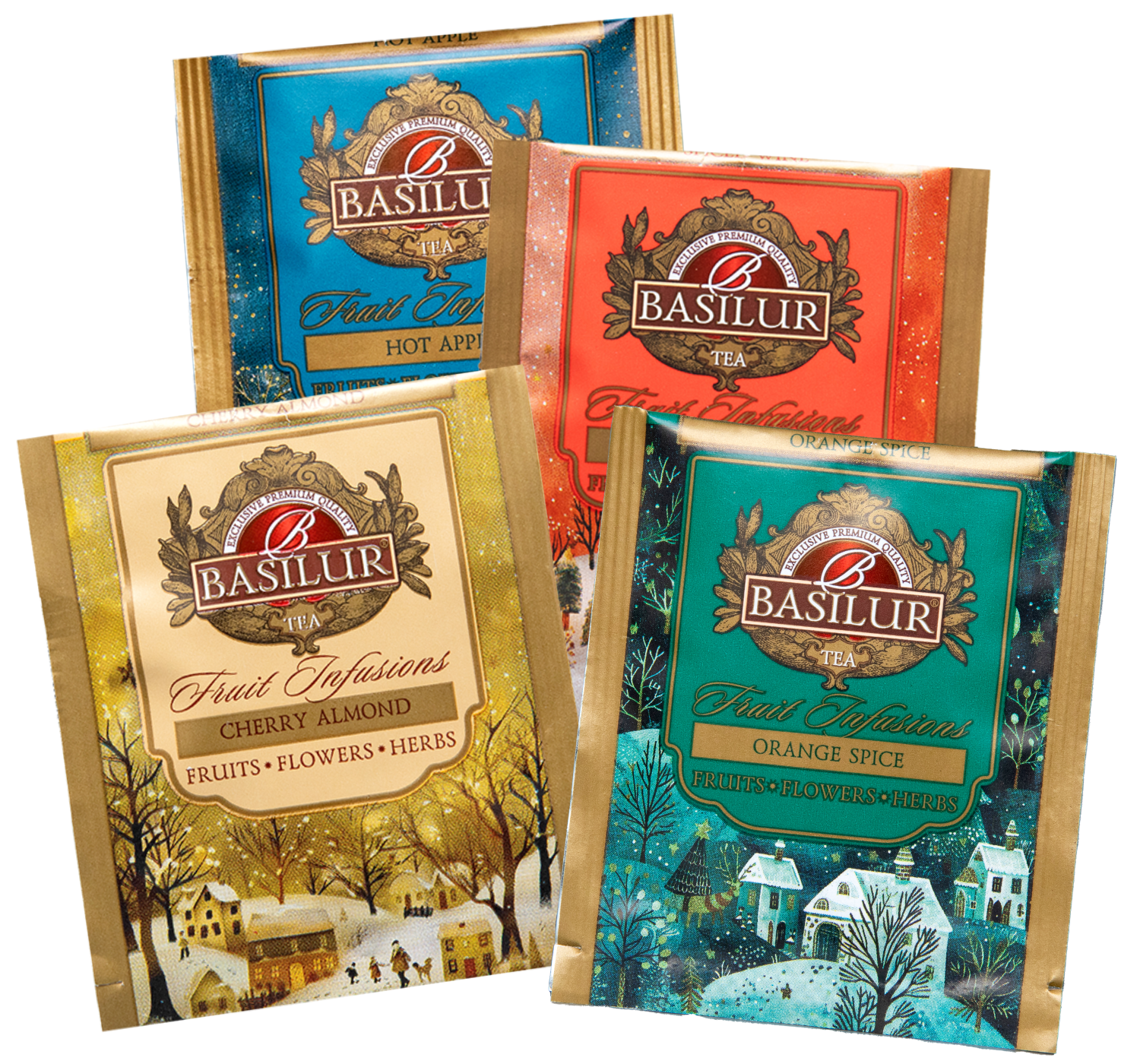 Torebki herbat Basilur Fruit Infusions – Cherry Almond, Orange Spice, Spiced Wine i Hot Apple.