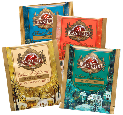 Torebki herbat Basilur Fruit Infusions – Cherry Almond, Orange Spice, Spiced Wine i Hot Apple.