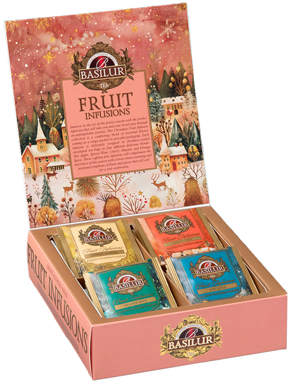 Zestaw herbat Basilur Fruit Infusions Assorted w ozdobnym pudełku z zimowym motywem – cztery smaki owocowych herbat.