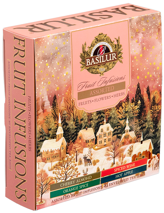 Zestaw otwarty Basilur Fruit Infusions – cztery rodzaje aromatycznych herbat w kolorowych kopertach.