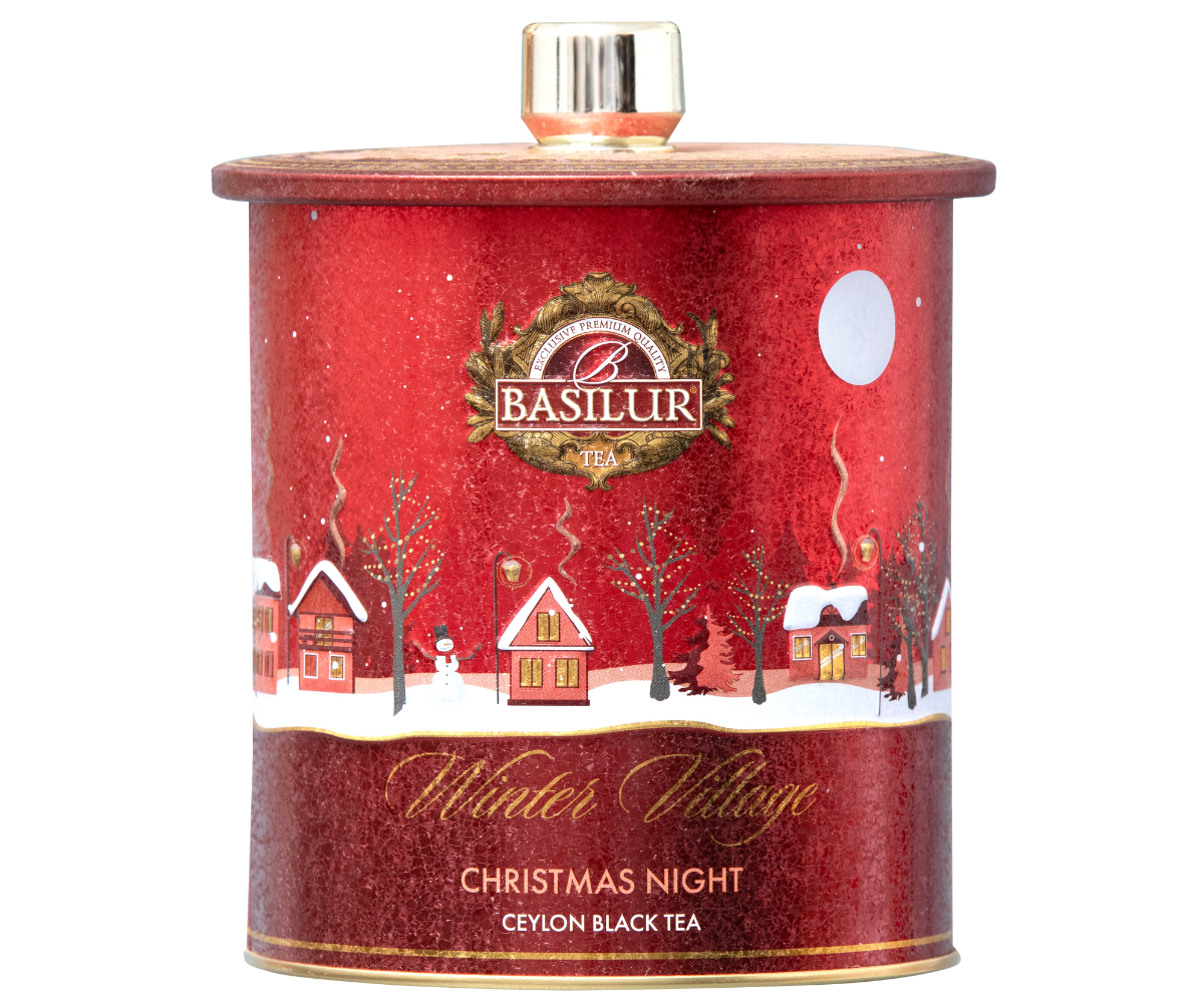 Herbata Basilur Christmas Night w czerwonej puszce z zimowym motywem – czarna herbata cejlońska z przyprawami korzennymi.
