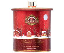 Herbata Basilur Christmas Night w czerwonej puszce z zimowym motywem – czarna herbata cejlońska z przyprawami korzennymi.