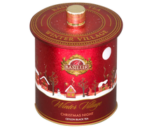 Widok z góry puszki Basilur Christmas Night – elegancka herbata świąteczna z kolekcji Winter Village.