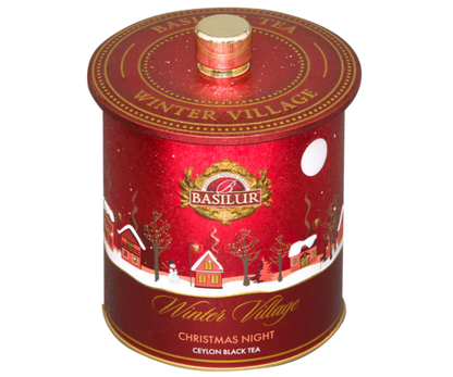 Widok z góry puszki Basilur Christmas Night – elegancka herbata świąteczna z kolekcji Winter Village.