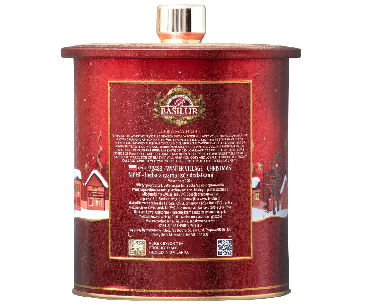 Tył puszki Basilur Christmas Night – opis produktu i skład herbaty czarnej z przyprawami.