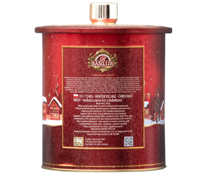 Tył puszki Basilur Christmas Night – opis produktu i skład herbaty czarnej z przyprawami.