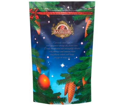Opakowanie uzupełniające herbaty Basilur Christmas Night z motywem świątecznego drzewka i ozdób.