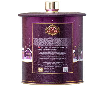 Tył puszki Basilur Merry Eve – opis herbaty czarnej z owocowymi dodatkami.