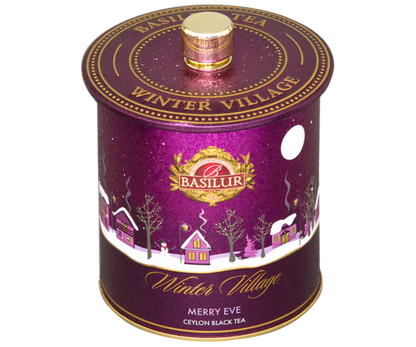 Widok z góry puszki Basilur Merry Eve – elegancka herbata świąteczna w złocistej oprawie.