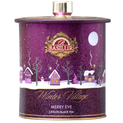 Herbata Basilur Merry Eve w fioletowej puszce z zimowym motywem – czarna herbata cejlońska z wiśnią i jabłkiem.