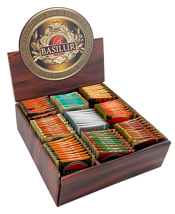 Zestaw Basilur Christmas – otwarte pudełko z 90 herbatami w torebkach o różnych smakach.