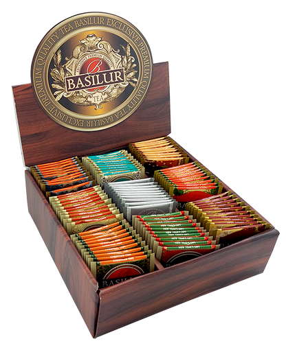 Zestaw Basilur Christmas – otwarte pudełko z 90 herbatami w torebkach o różnych smakach.