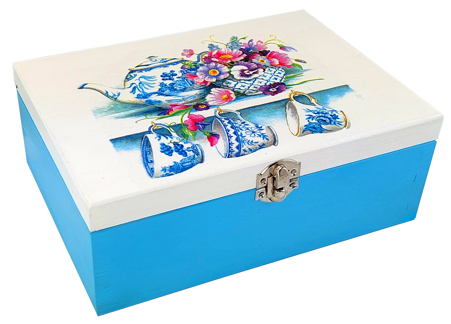 Elegancka błękitna skrzynka z herbatą Basilur Filiżanki i metalowym zapięciem.