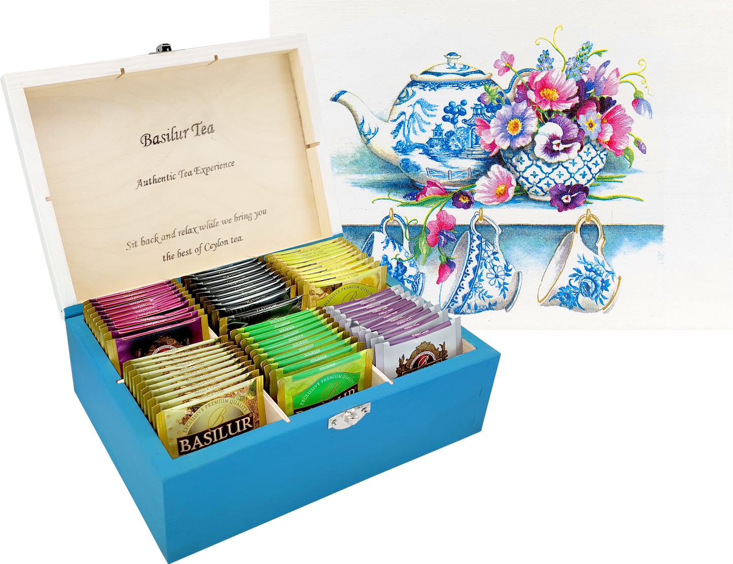 Drewniana skrzynka Basilur Filiżanki z 60 saszetkami herbat premium.