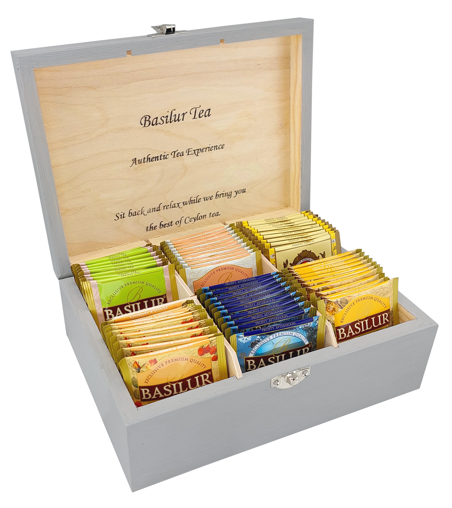Drewniana skrzynka Basilur Białe Tulipany z 60 saszetkami herbat premium Ceylon.