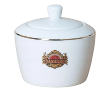 Porcelanowa cukiernica Basilur 325 ml z logo i złotym rantem.