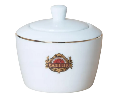 Porcelanowa cukiernica Basilur 325 ml z logo i złotym rantem.