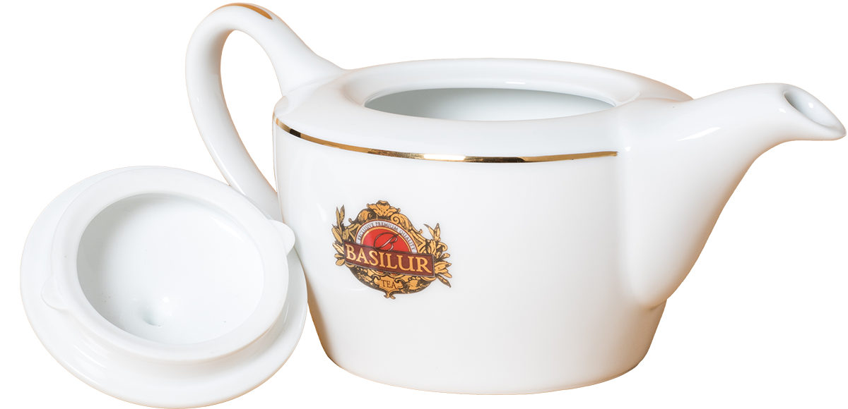 Porcelanowy imbryk Basilur z logo i złotym rantem o pojemności 475 ml, widok z otwartą pokrywką.