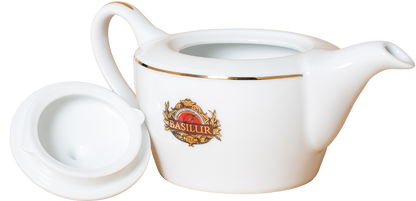 Porcelanowy imbryk Basilur z logo i złotym rantem o pojemności 475 ml, widok z otwartą pokrywką.