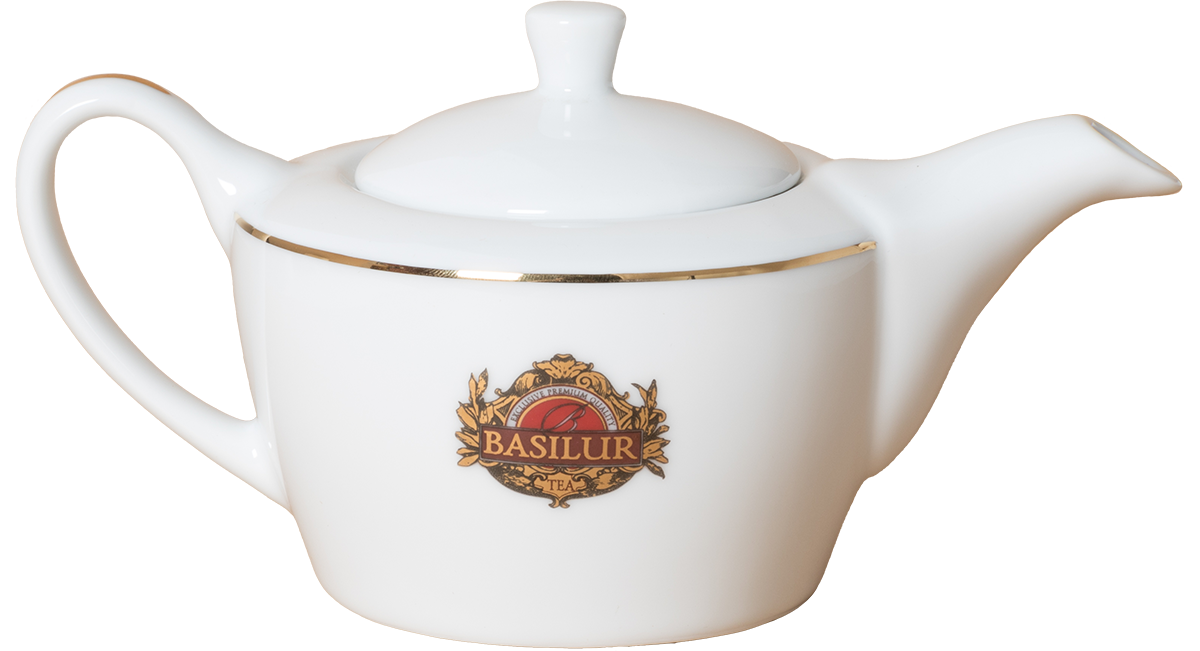Elegancki biały imbryk Basilur 475 ml z zamkniętą pokrywką i złotym zdobieniem.