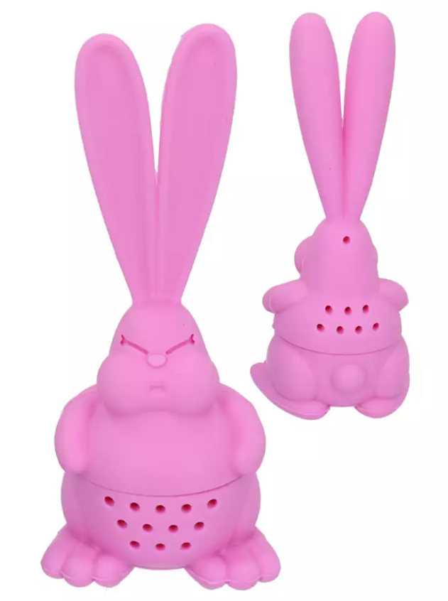 Różowy zaparzacz królik z długimi uszami widok z przodu i tyłu