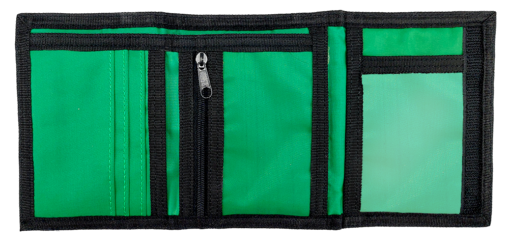 Otwarty zielony portfel Kingsleaf z licznymi przegródkami
