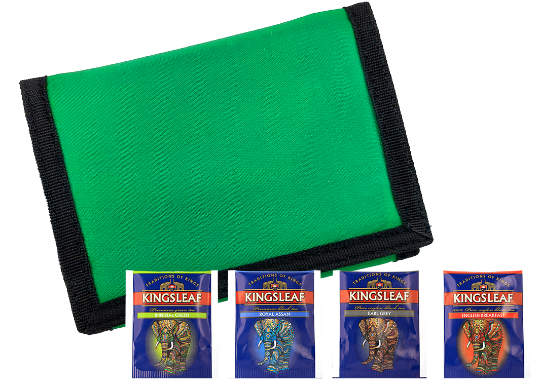 Zestaw zielonego portfela Kingsleaf i czterech saszetek herbat w różnych smakach