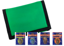 Zestaw zielonego portfela Kingsleaf i czterech saszetek herbat w różnych smakach