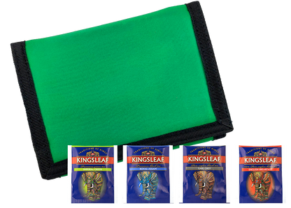 Zestaw zielonego portfela Kingsleaf i czterech saszetek herbat w różnych smakach
