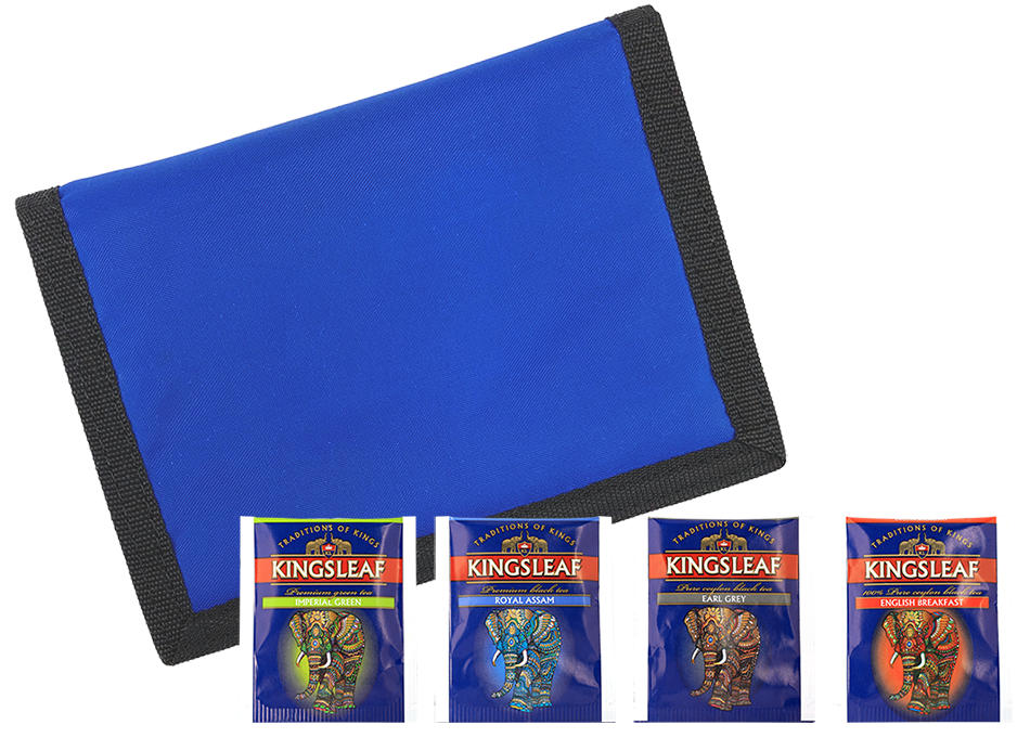 Portfel Kingsleaf z czterema herbatami w kopertkach: Imperial Green, Royal Assam, Earl Grey i English Breakfast.