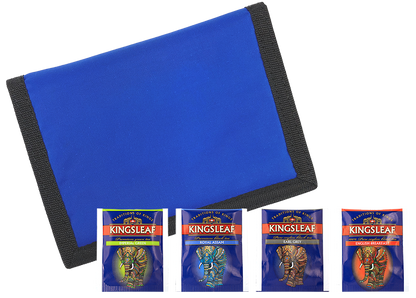 Portfel Kingsleaf z czterema herbatami w kopertkach: Imperial Green, Royal Assam, Earl Grey i English Breakfast.
